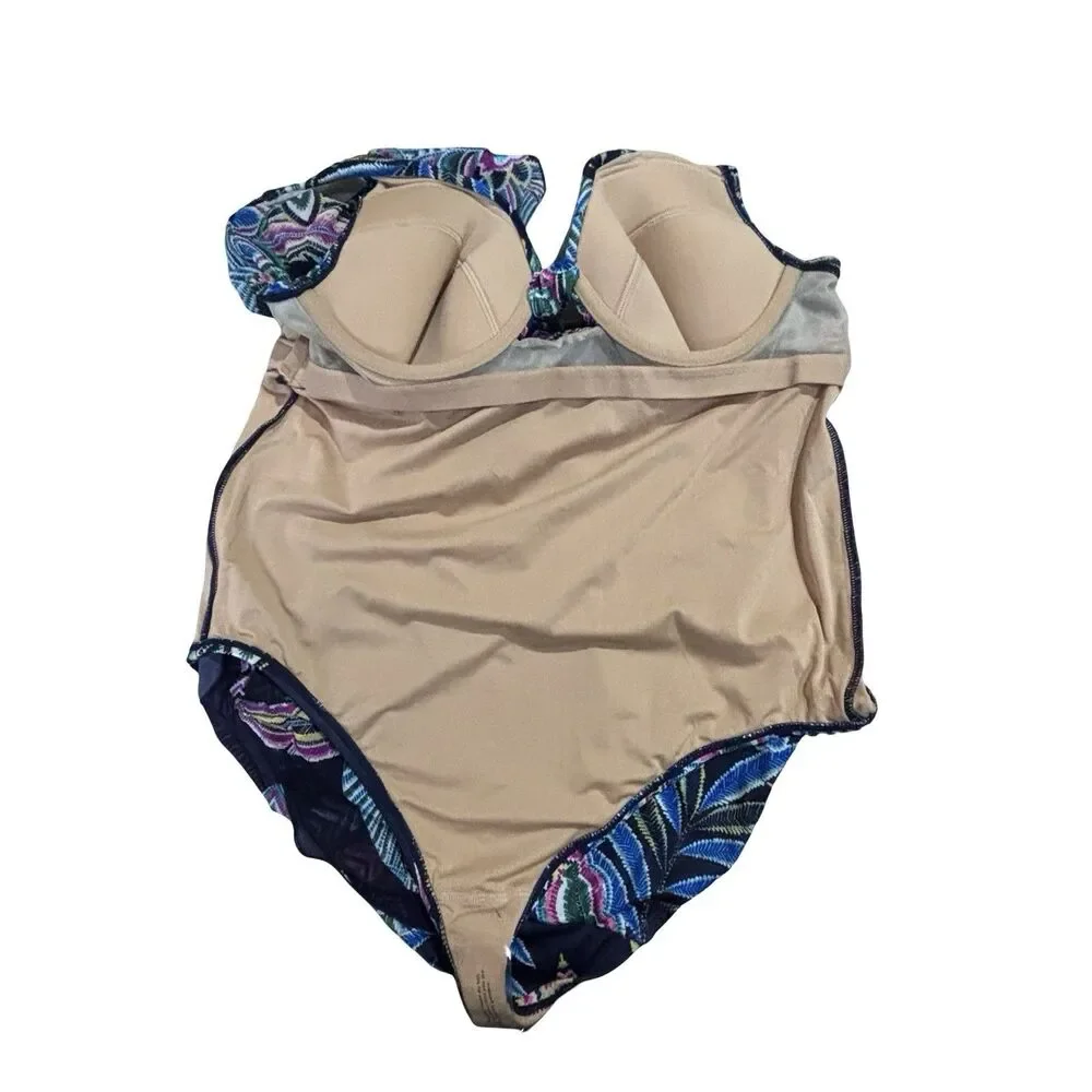 Cacique 1 Pc Swimdress Tropical Floral Women’s 40C Lightly Lined Plunge Swimsuit